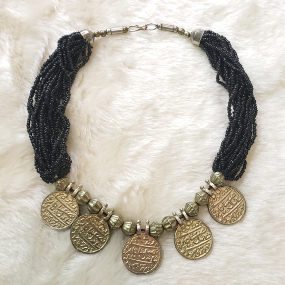 VINTAGE Multistrand Black Beaded Tribal Golden Coin Necklace